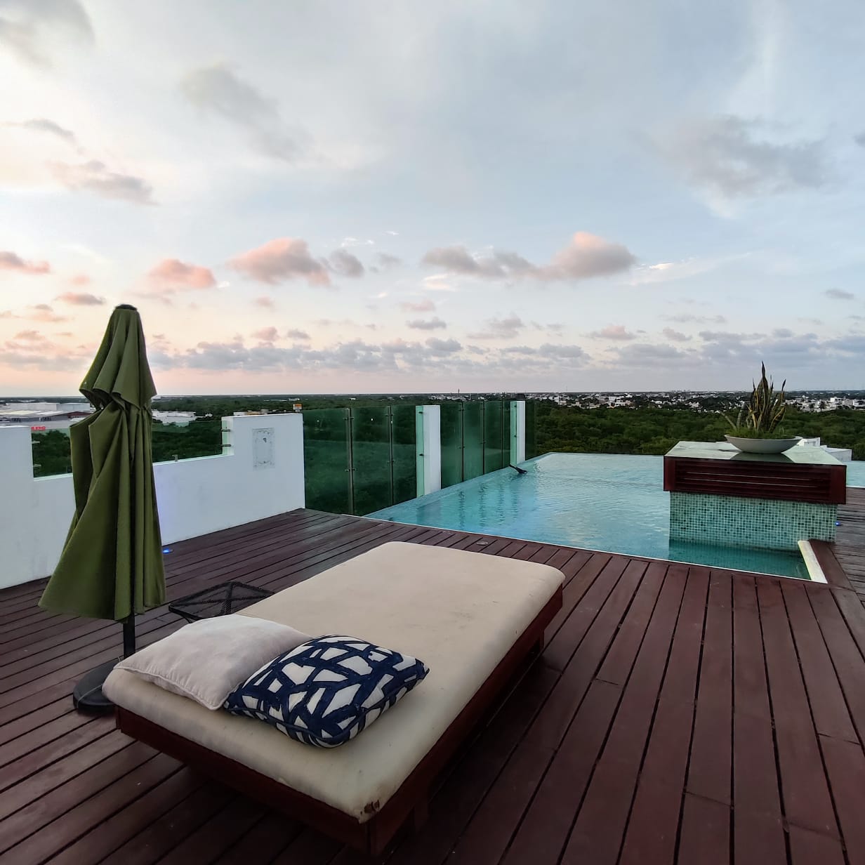 un area de camastros con alberca y vista al exterior en playa aurora playa del carmen