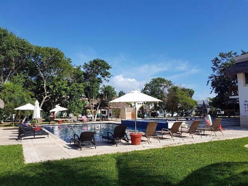 un area verde con alberca y camastros en privanza del mar playa del carmen