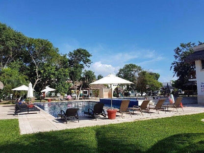 un area verde con alberca y camastros en privanza del mar playa del carmen