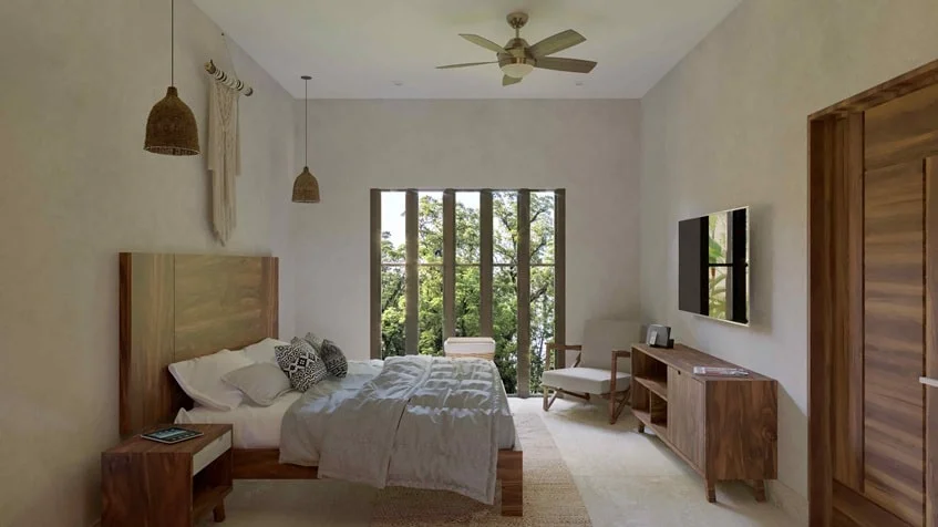 una recamara con closets y una ventana grande en muwan tulum