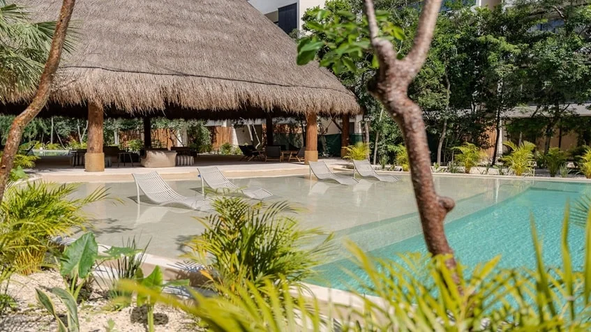 una alberca con camastros y una palapa en samsara tulum