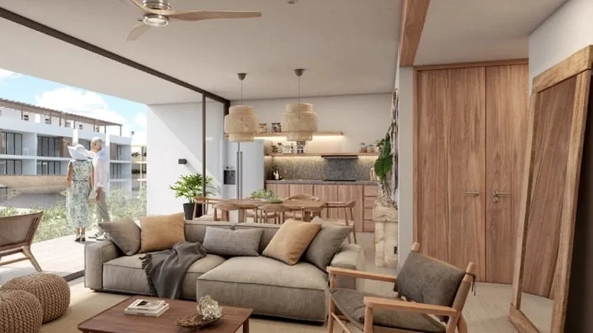 una sala con comedor y cocina en samsara tulum