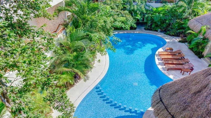una vista aerea de una piscina con camastros y areas verdes en puerta zama tulum
