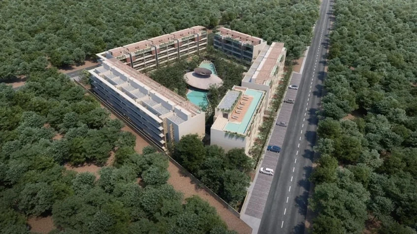 una vista aerea de un desarrollo inmobiliario en la zona arqueologica en samsara tulum