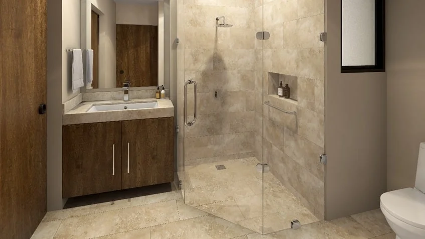 un baño con una ducha y un lavamanos en studio 34 playa del carmen