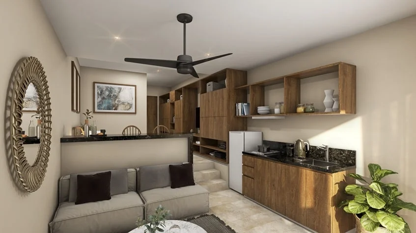 un sofa elegante, una cocina nueva y una sala en studio 34 playa del carmen