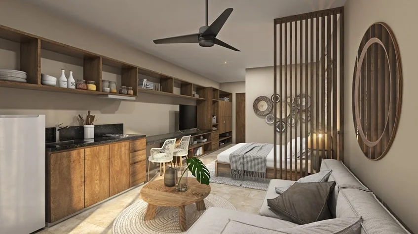 una recamara con una cocina nueva equipada en studio 34 playa del carmen