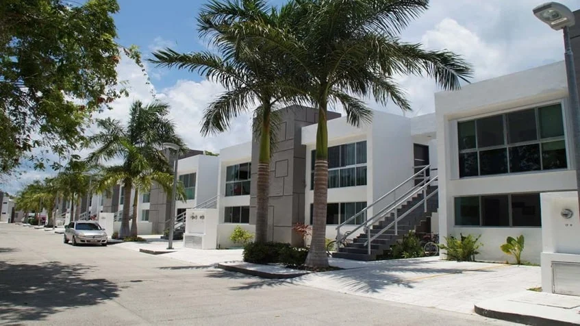 una fachada de varios edificios con departamentos y palmeras en condominio anemonas playacar