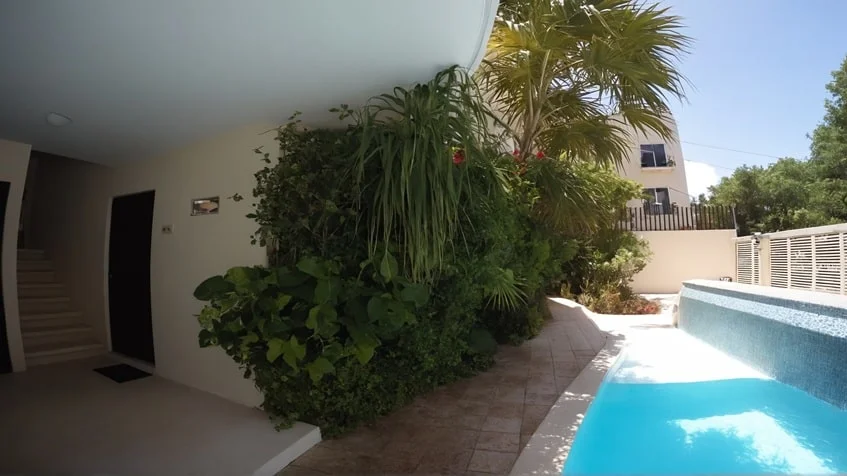 una piscina con areas verdes alrededor en condominio alegro playa del carmen