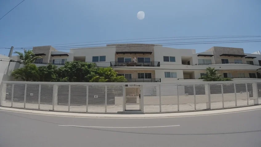 una fachada de un condominio de departamentos en condominio alegro playa del carmen