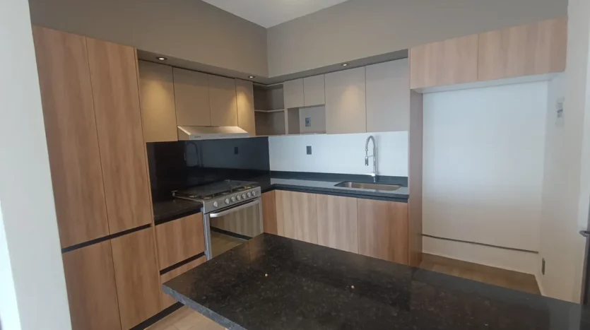una cocina con una sala y estufa con horno en bali 2 playa del carmen